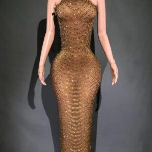 Long Fitted Golden Diamond Gown