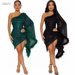 sequined-short-dress-w/-one-draped-sleeve