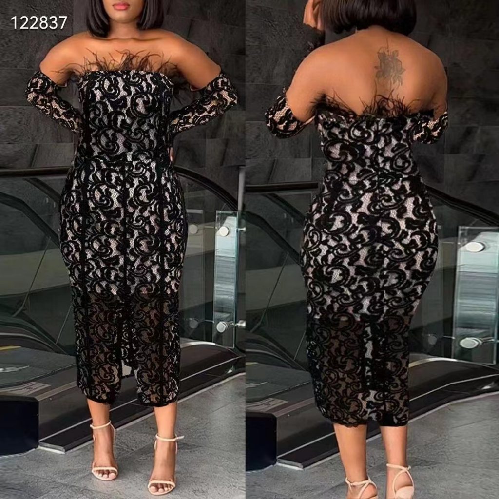 Black lace gown with feathers