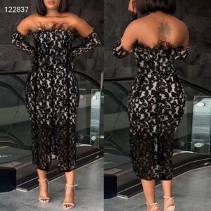 Black lace gown with feathers