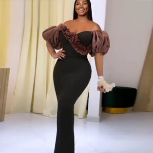 Long black dress with brown ruffles
