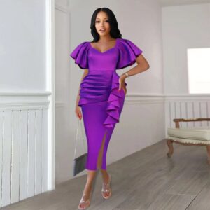 Purple long dress with waist ruffle