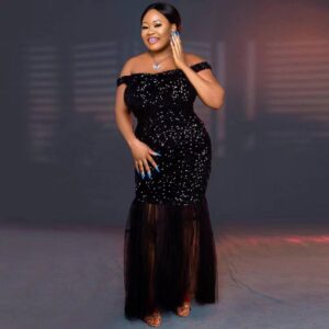 Long black sequin dress with fish tail