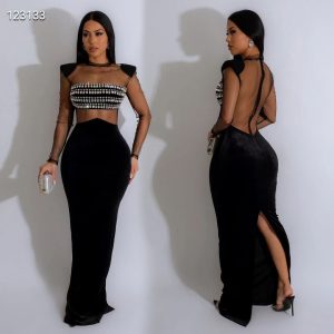 Diamond Encrusted Transparent Blk Long Gown