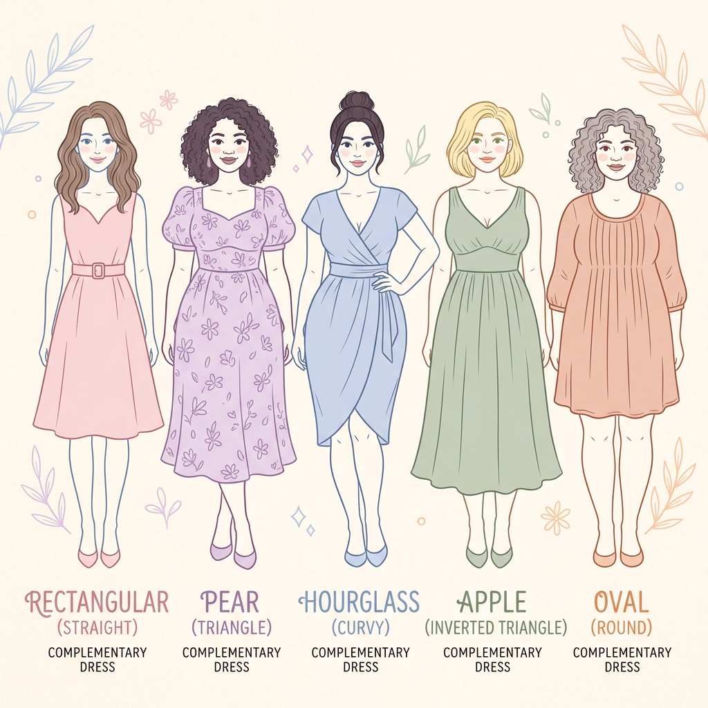 Illustration of five women with different body shapes wearing complementary dresses: rectangular, pear, hourglass, apple, and oval shapes.