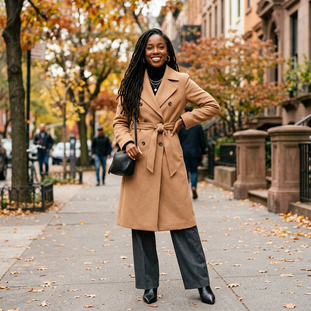 Smiling woman in camel coat standing on an autumn city sidewalk
